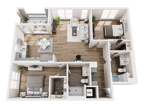 Floor plan for 2 beds, 2 baths, 1232 sqft